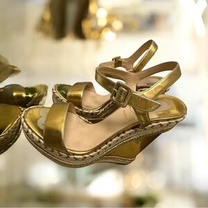 Christian Louboutin Metallic Gold Wedge Sandals Women’s Sz 38 Open Toe Slingback